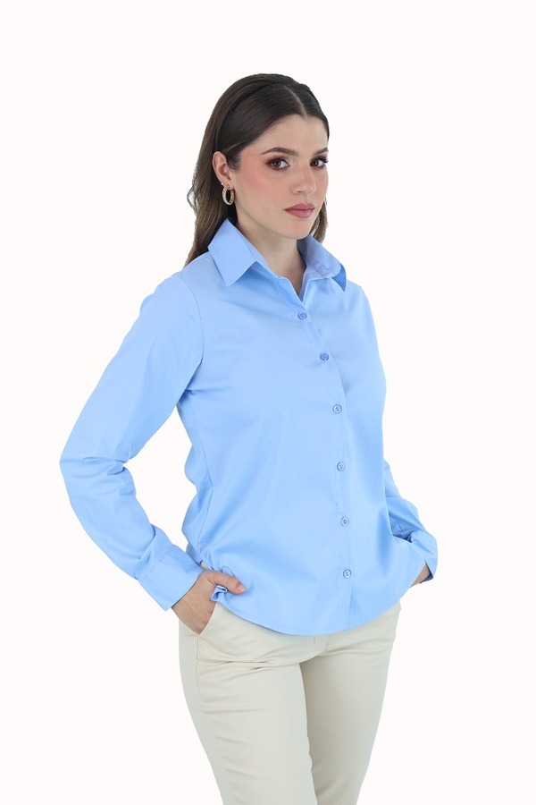 Blusas Camiseras Manga Larga Color Azul Cielo Stretch Para Dama